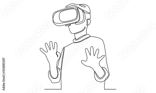 continuous line of man in glasses device virtual reality