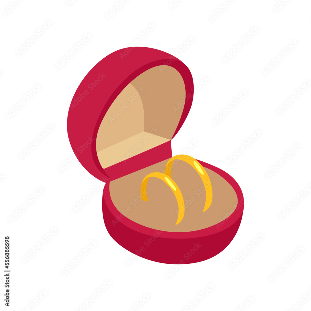 Obraz premium Pair of golden engagement rings in red box vector illustration. Accessory for wedding or proposal in red box, rings isolated on white background. Marriage, love, jewellery concept