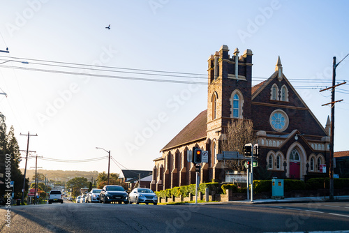 old church building at intersection with traffic lights on Glebe Rd, Adamstown, Newcastle photo