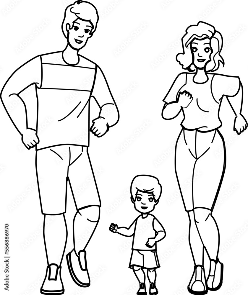 family jogging line pencil drawing vector. together young, exercise happy, sport fitness, man park, father child, fun, healthy family jogging character. people Illustration family jogging line pencil drawing vector. together young, exercise happy, sport fitness, man park, father child, fun, healthy family jogging character. people Illustration