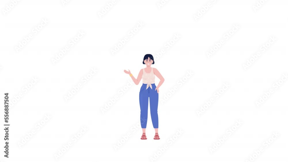 Animated young female character. Happy girl with speech bubble. Full body flat person on white background with alpha channel transparency. Colorful cartoon style HD video footage for animation Animated young female character. Happy girl with speech bubble. Full body flat person on white background with alpha channel transparency. Colorful cartoon style HD video footage for animation