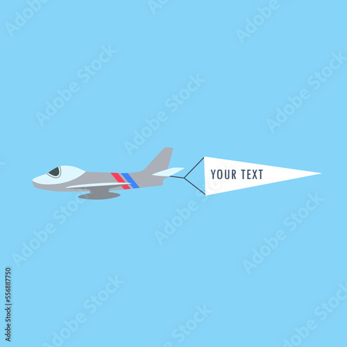 Airplane in sky with flag for text cartoon illustration. Cartoon drawing of aircraft flying with advertising banner on blue background. Flying advertising, aviation, transportation, flight concept