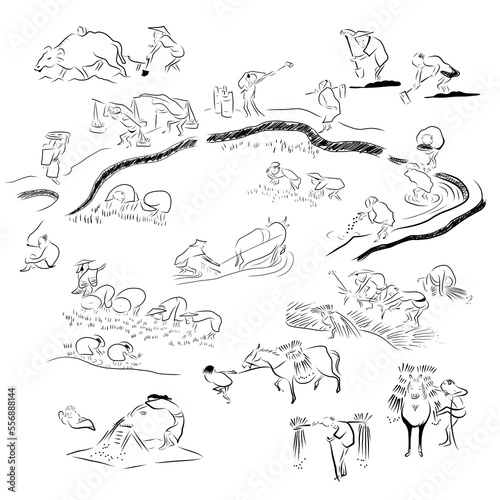 Wallpaper Mural 江戸時代に描かれた田んぼで作業をする農家の可愛いイラスト　 A cute illustration of a farmer working in a rice field drawn in the Edo period. Torontodigital.ca