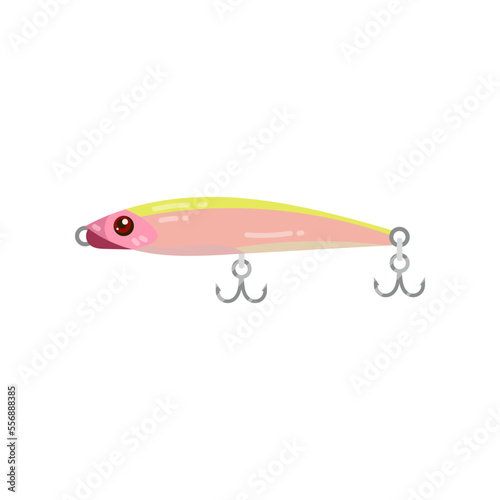 Pink fishing bait in shape of fish cartoon illustration. Cartoon drawing of fishing lure with hook, jig in shape of fish isolated on white background. Sport, hobby, gear, recreation concept