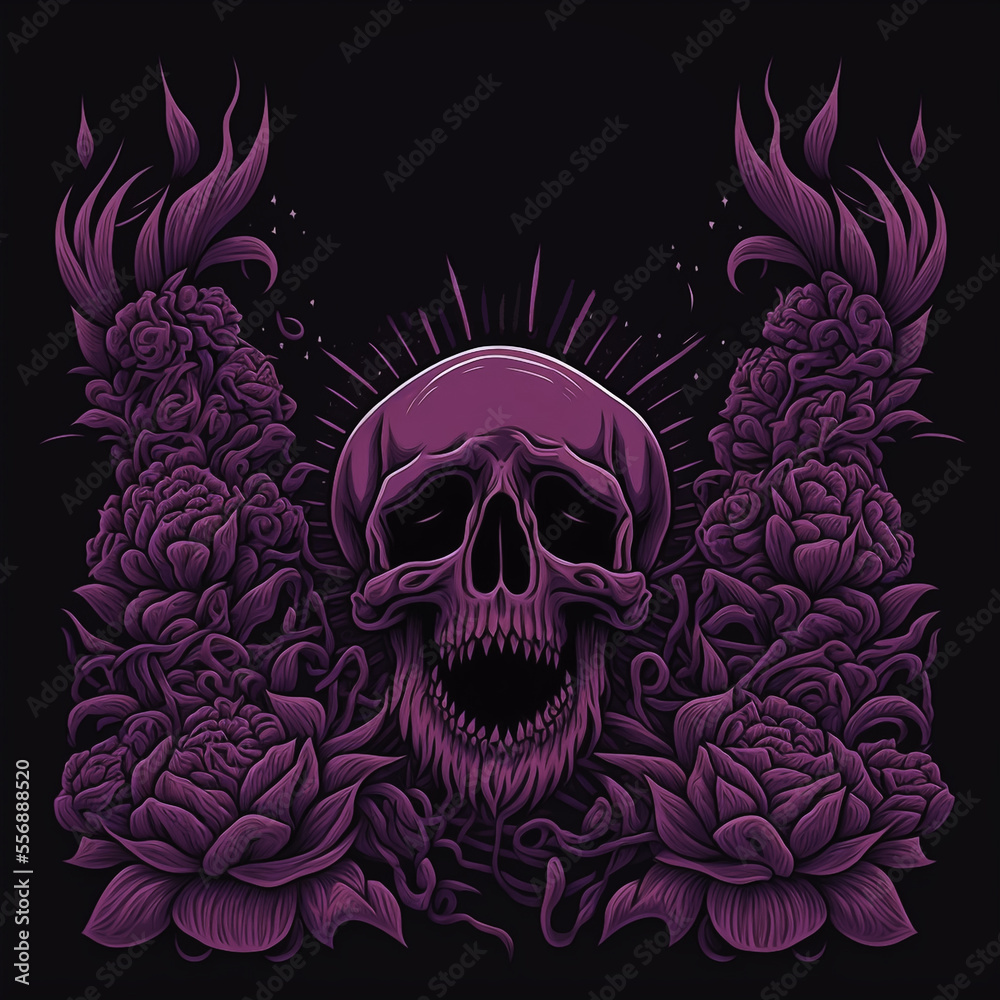 Fototapeta premium Magenta skull with flowers on black
