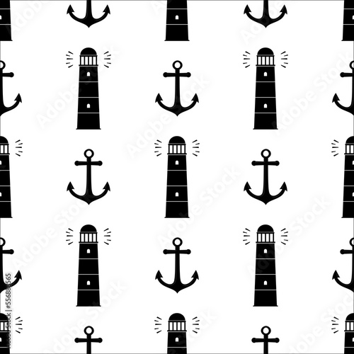 Lighthouse and anchor seamless pattern. Black silhouettes on white background, seamless sea travel pattern, flat style design. Seashore building, monochrome texture.
