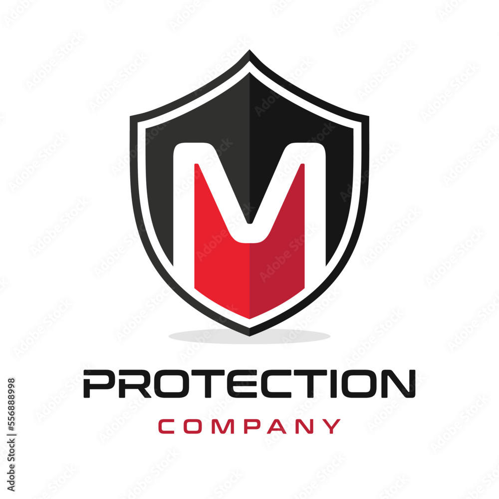 M Letter shield vector logo template. Black and red color. This alphabet or font symbol suitable for protection business. M Letter shield vector logo template. Black and red color. This alphabet or font symbol suitable for protection business.