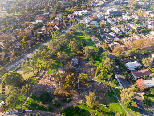 Aerial view of a suburban park playground under construction photo