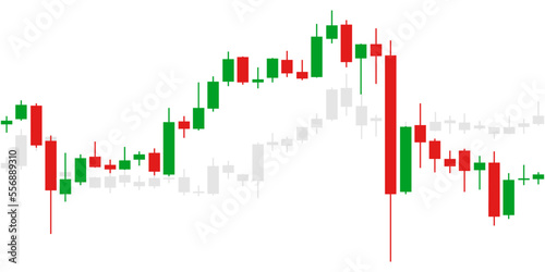 Two red green and grey Japanese candlestick graph charts on white background. Market investment. Forex trading, stock exchange and crypto price technical analysis vector illustration. Traders tool