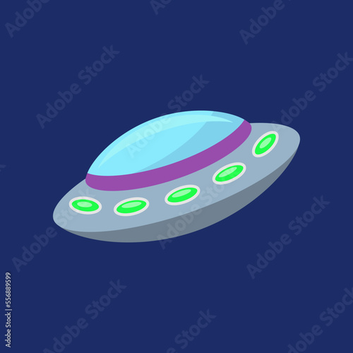Alien spaceship in sky or space cartoon illustration. Cartoon drawing of unidentified flying object on blue background. Science, technology, transportation, astronomy, outer space concept