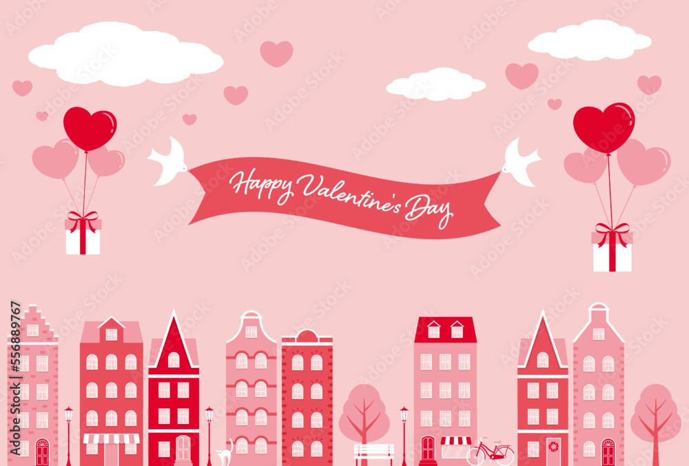 valentine’s day vector background with city landscape with houses and heart balloons for banners, cards, flyers, social media wallpapers, etc.