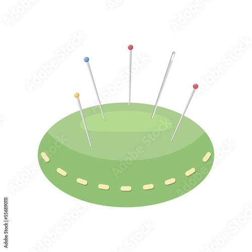 Needles in green pincushion cartoon illustration. Cartoon drawing of accessories for embroidery or handmade clothes isolated on white background. Needlework, handicraft, hobby concept