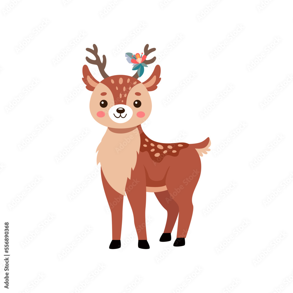 Fototapeta premium Comic deer standing vector illustration. Reindeer or fawn cartoon character, wild animal with antlers and little tail isolated on white background. Wildlife, Christmas concept