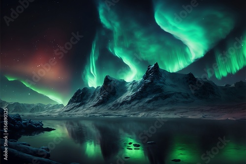 aurora borealis in the mountains over lake, colorful, 3d landscape illustration © KP Designs