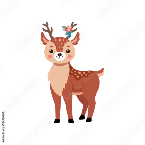 Comic deer standing vector illustration. Reindeer or fawn cartoon character, wild animal with antlers and little tail isolated on white background. Wildlife, Christmas concept