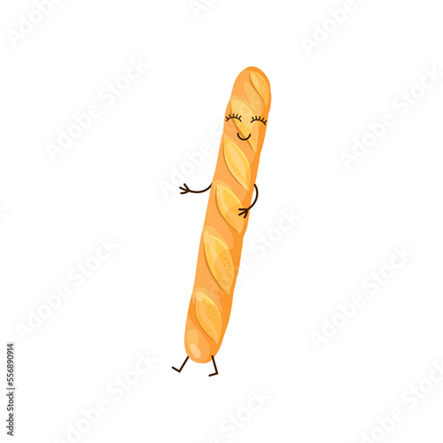 Cute bread baguette cartoon character vector illustration. Clipart of bread, funny comic bread isolated on white background. Food, bakery, breakfast concept
