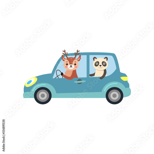 Comic panda and deer in car vector illustration. Cute funny panda and deer cartoon characters riding car. Transportation concept