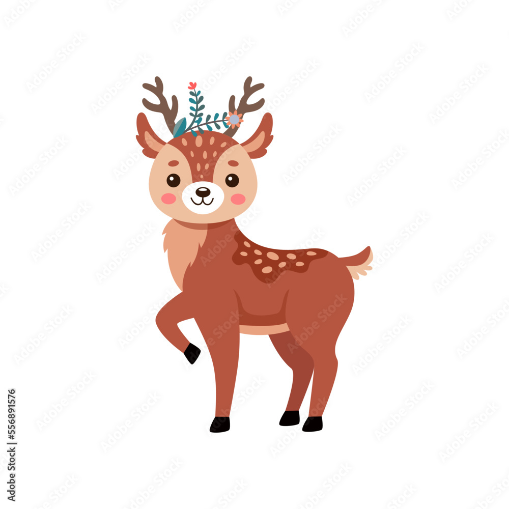 Fototapeta premium Comic happy deer standing vector illustration. Reindeer or fawn cartoon character, wild animal with antlers and little tail isolated on white background. Wildlife, Christmas concept