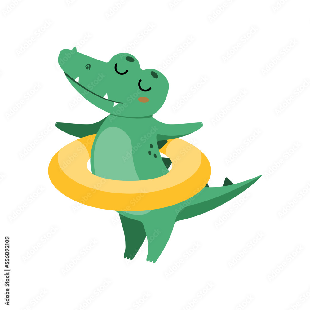 Obraz premium Cute crocodile with rubber ring cartoon illustration. Funny alligator with rubber ring. Jungle, predator animal concept