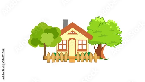 4K animation of house with trees and fence. house animated motion graphic with white background