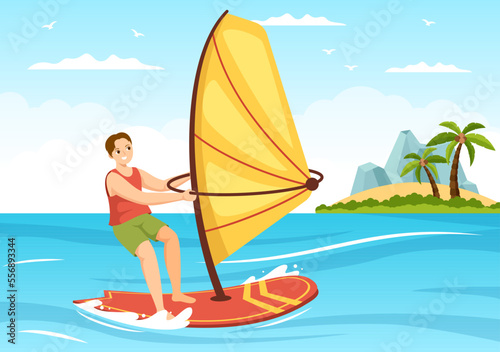 Windsurfing with the Person Standing on the Sailing Boat and Holding the Sail in Extreme Water Sport Flat Cartoon Hand Drawn Templates Illustration © denayune