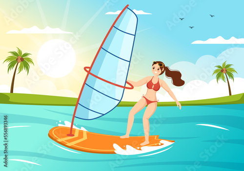 Windsurfing with the Person Standing on the Sailing Boat and Holding the Sail in Extreme Water Sport Flat Cartoon Hand Drawn Templates Illustration