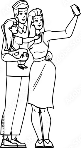 family selfie line pencil drawing vector. happy father mother daughter, child young, photo lifestyle, vacation summer family selfie character. people Illustration