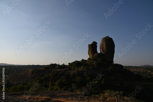 Evening view of rock Formation on the hills of Ramnagar, Karnataka, India photo