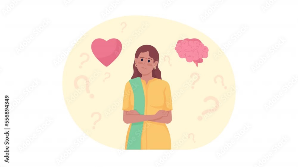 Animated hesitated woman. Looped 2D cartoon flat characters on white with alpha channel transparency for web design. HD video footage. Confusing lady. Choose between heart and mind concept animation Animated hesitated woman. Looped 2D cartoon flat characters on white with alpha channel transparency for web design. HD video footage. Confusing lady. Choose between heart and mind concept animation
