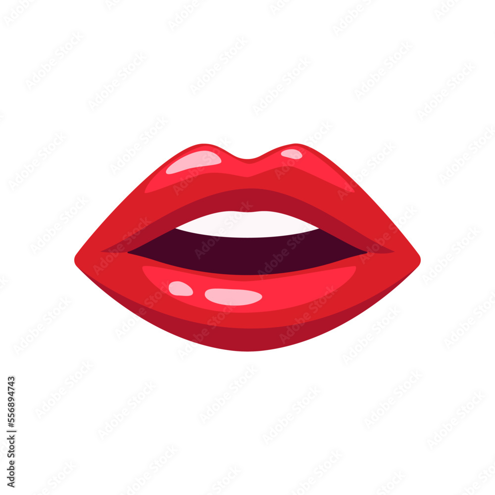 Open female mouth with red lipstick isolated on white background. Sexy lips of woman or girl flat vector illustration. Expressions, emotions, beauty concept