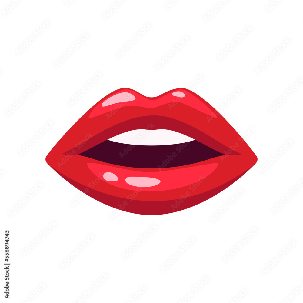 Open female mouth with red lipstick isolated on white background. Sexy lips of woman or girl flat vector illustration. Expressions, emotions, beauty concept Open female mouth with red lipstick isolated on white background. Sexy lips of woman or girl flat vector illustration. Expressions, emotions, beauty concept
