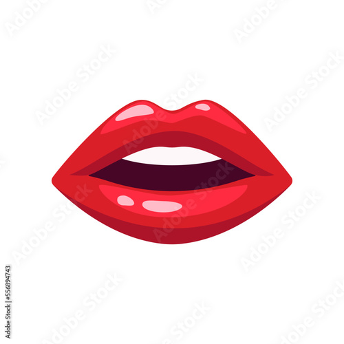 Open female mouth with red lipstick isolated on white background. Sexy lips of woman or girl flat vector illustration. Expressions, emotions, beauty concept