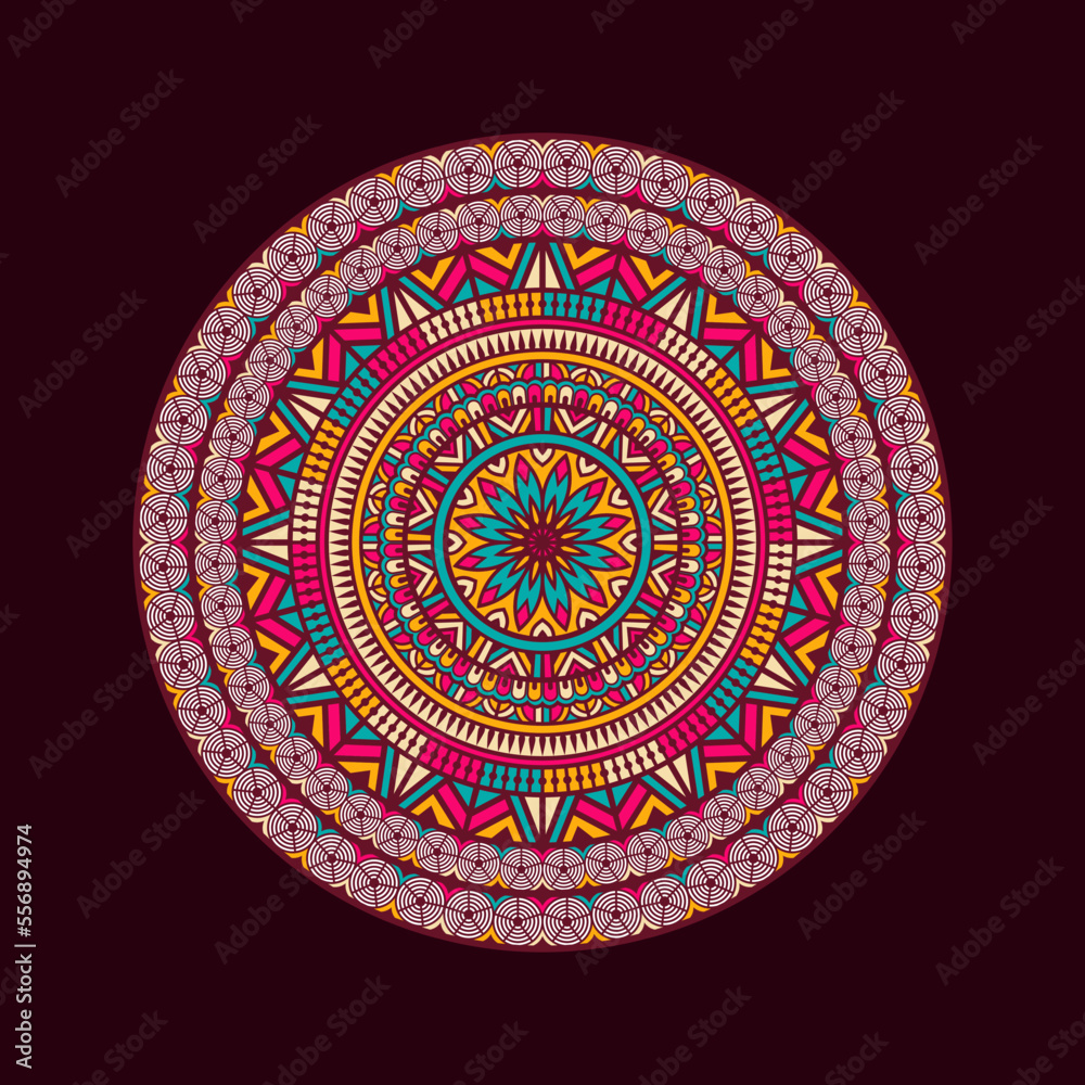 Colorful and floral pattern vector mandala design on black background.