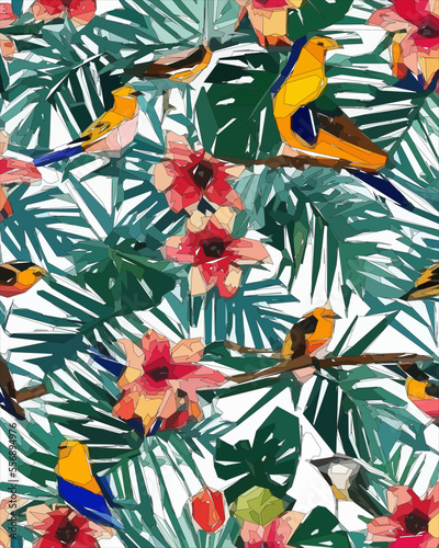 Birds, jungle and floral illustration with outlines. Pattern for wallpapers, fabrics, wrappers, postcards, greeting cards, wedding invitations, banners. © Jubilee