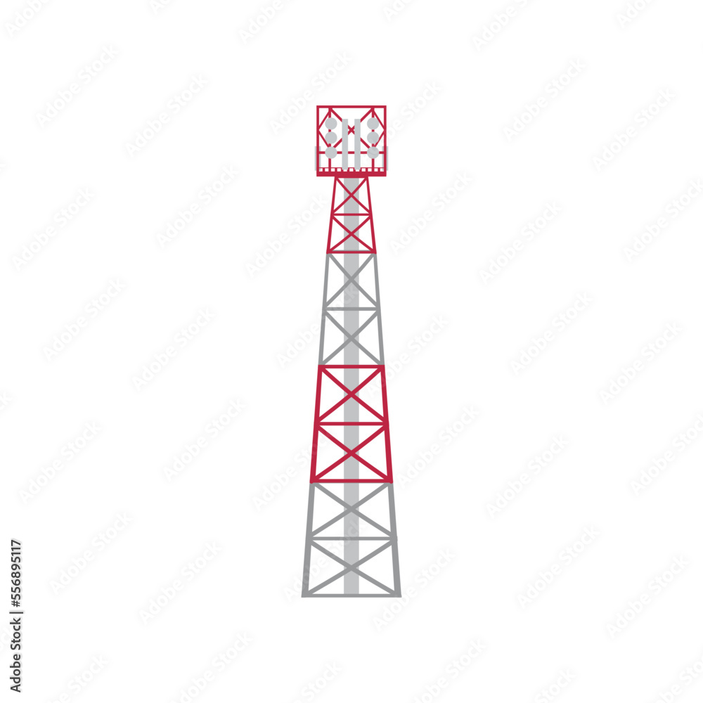 Data transmission system. Red and white radio tower cartoon illustration. Telecommunication concept