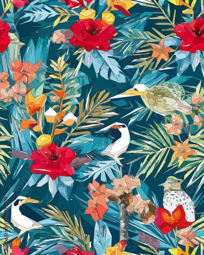 Fototapeta Naklejka Na Ścianę i Meble -  Birds, jungle and floral illustration with outlines. Pattern for wallpapers, fabrics, wrappers, postcards, greeting cards, wedding invitations, banners.