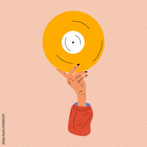 Hand holds an old vinyl record in her hands .Retro fashion style from 80s. Vector illustrations in trendy colors.