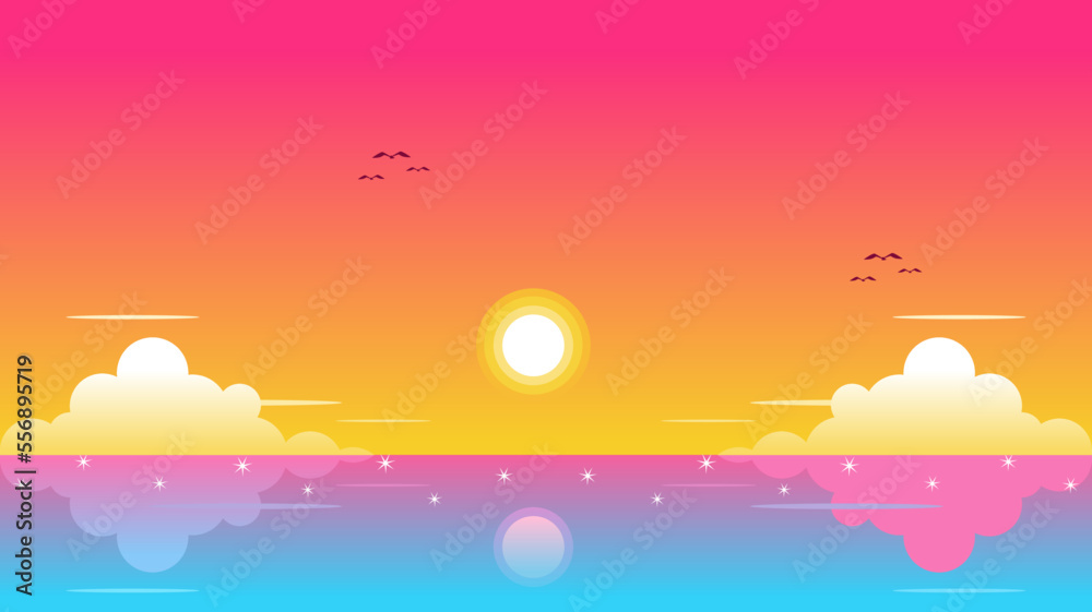 landscape of coast beautiful sea beach at sunset  flat vector illustration