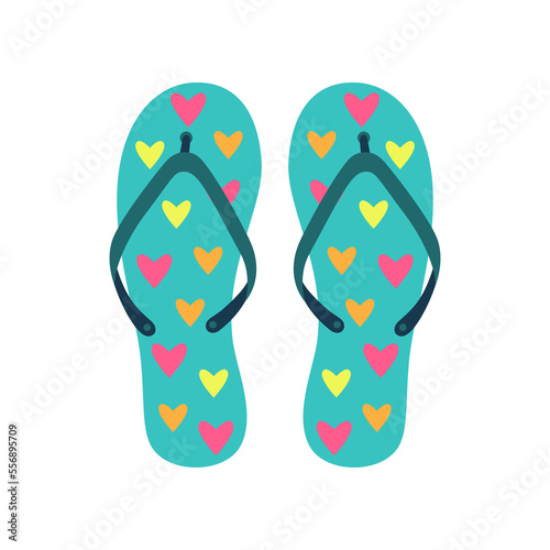 Blue flip flops flat vector illustration. Rubber slippers with graphic pattern of hearts for walking in street or on beach on white background. Footwear, shoes, summer concept