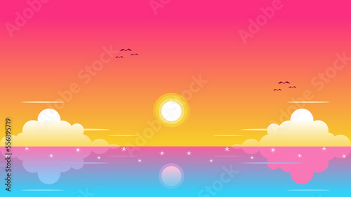 Fototapeta Naklejka Na Ścianę i Meble -  landscape of coast beautiful sea beach at sunset  flat vector illustration
