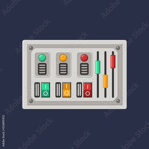 Control panel with sliders, switches and buttons illustration. Retro console with buttons. Metal dashboard or display of spacecraft or space ship. Equipment, machine, computer concept