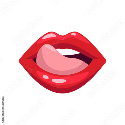 Female mouth with tongue licking lips isolated on white background. Sexy lips of woman or girl flat vector illustration. Expressions, emotions, beauty concept