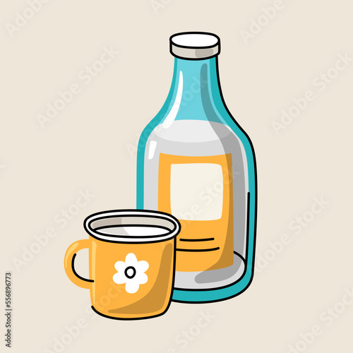 Drawing of a mug with milk and bottle of milk. Objects on a light background, hand-drawn.