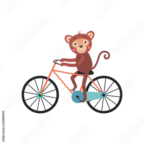 Comic monkey on bicycle vector illustration. Cute funny monkey cartoon character riding bike. Transportation concept