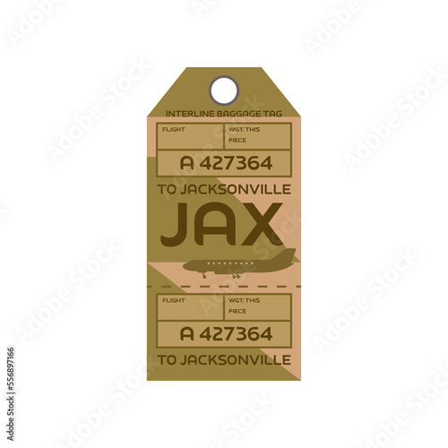 Vintage rectangular suitcase label or ticket design with Jacksonville for plane trips. Retro tag for luggage at airport flat vector illustration. Traveling concept