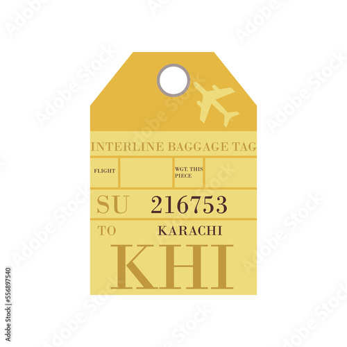 Vintage yellow suitcase label or ticket design with Karachi for plane trips. Retro tag for luggage at airport flat vector illustration. Traveling concept