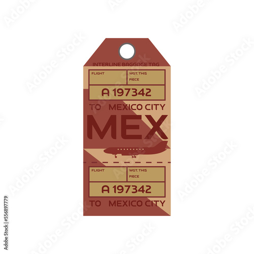 Vintage rectangular suitcase label or ticket design with Mexico for plane trips. Retro tag for luggage at airport flat vector illustration. Traveling concept
