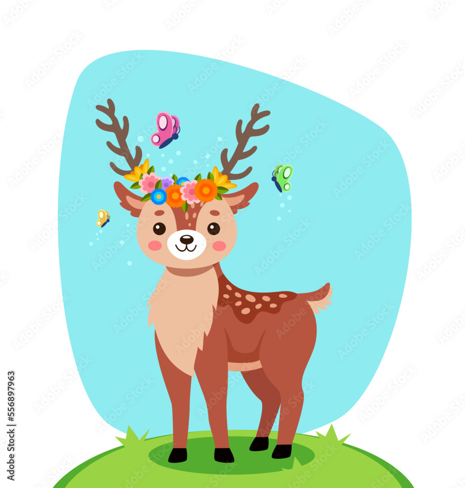 Cute comic deer with flower crown on hill vector illustration. Cartoon ...