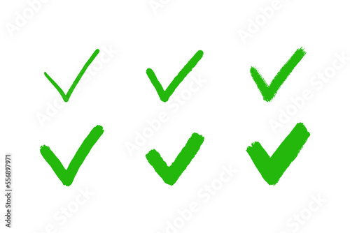 Grunge hand drawn tick check mark. Brush drawn symbols OK and YES. Tick V for check box. True icons. Vector illustration isolated on white background.