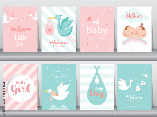 Baby shower invitations cards with babies boy and girl,cute design,poster,template,storks,Vector illustrations.